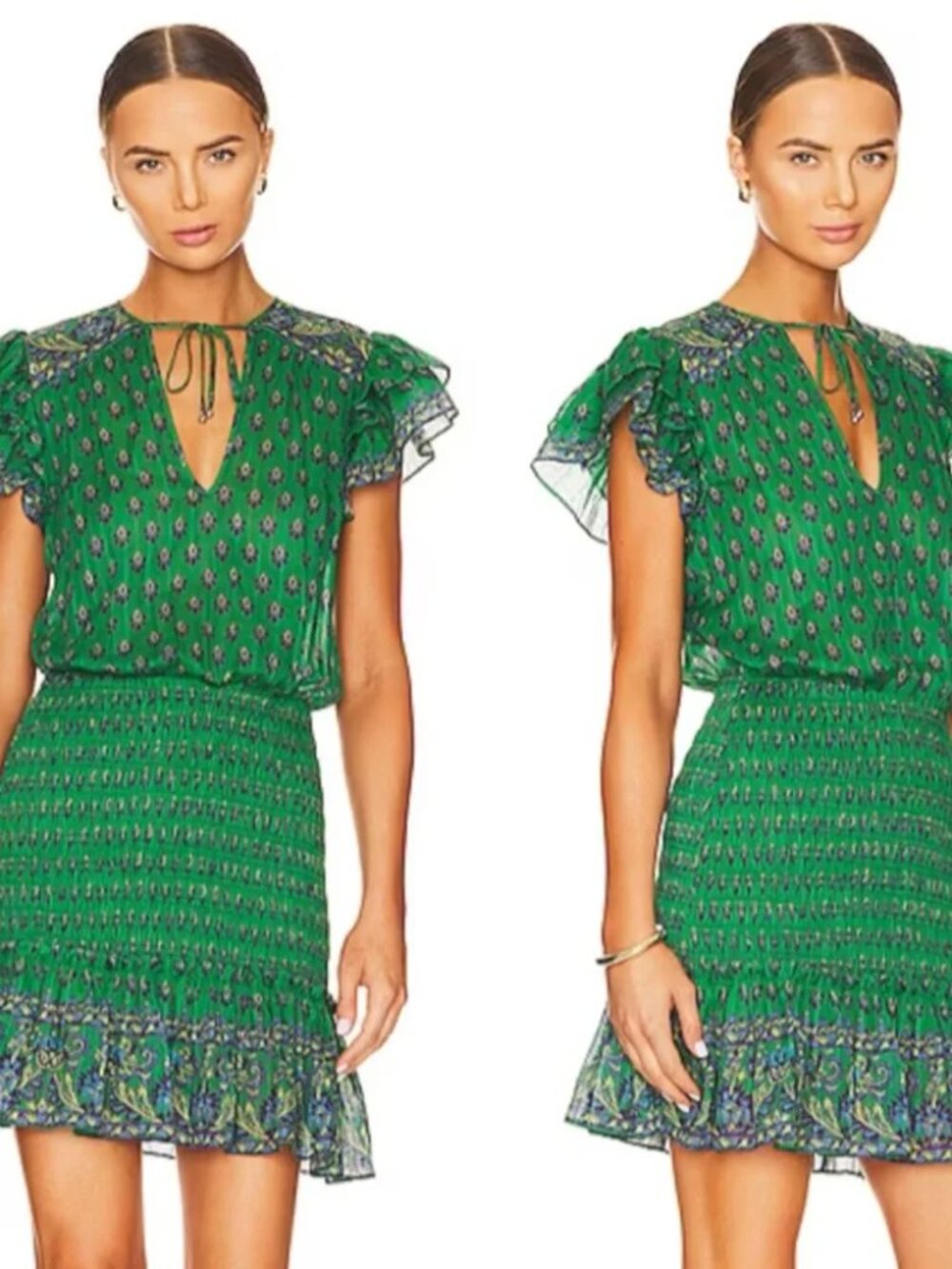 Veronica Beard Brindelle Dress Kelly Green Smocked skirt Tiered Mini Cotton 10